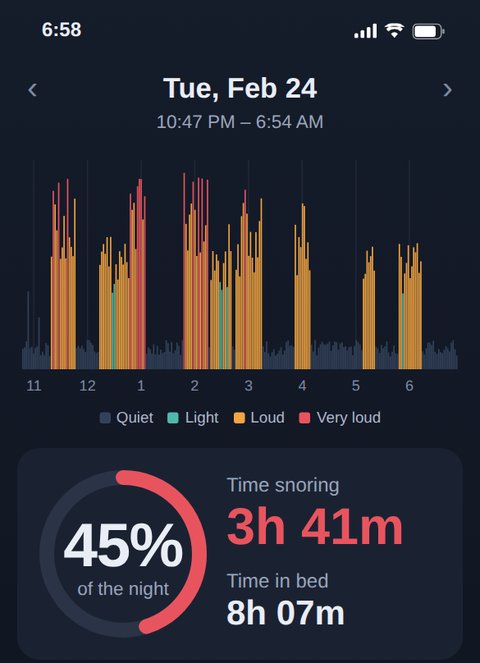 Snore app, the night before: 3h 41m of snoring