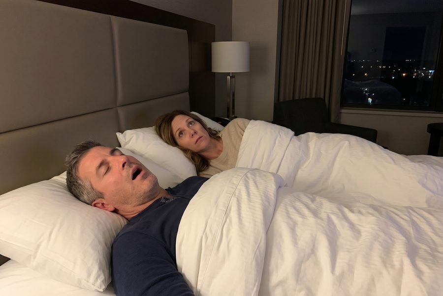 Hotel at night: he snores on his back while she lies awake next to him