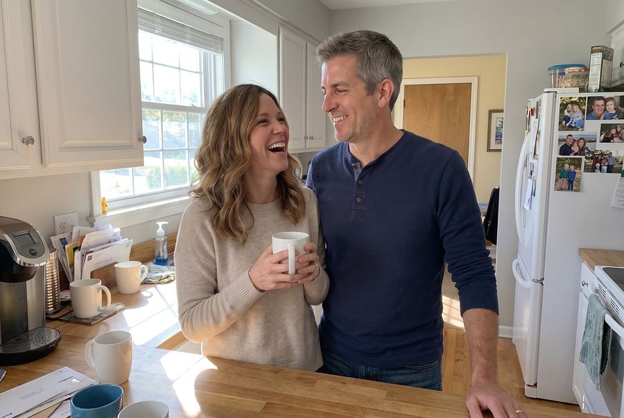 Morning in the kitchen, she laughs at something he said