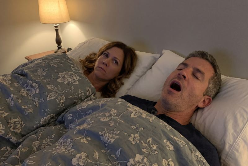 Tuesday 11:40pm: he snores, mouth open, while she lies awake