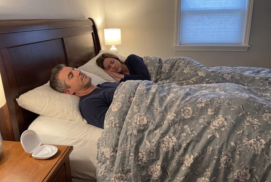 Night: both asleep side by side; his closed mouth guard case on the nightstand, no earplugs
