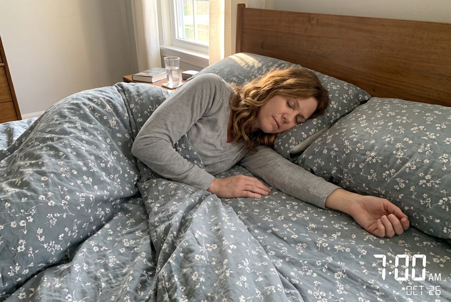 She sleeps alone, stretched across the whole bed in the morning light