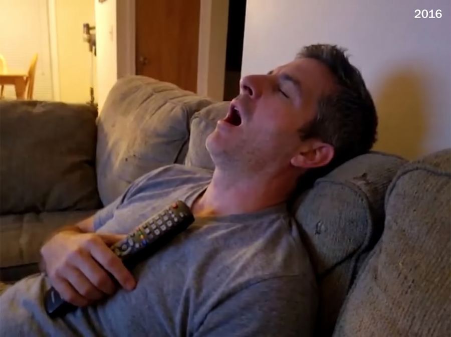 An old phone video: him asleep on the couch, mouth open, snoring