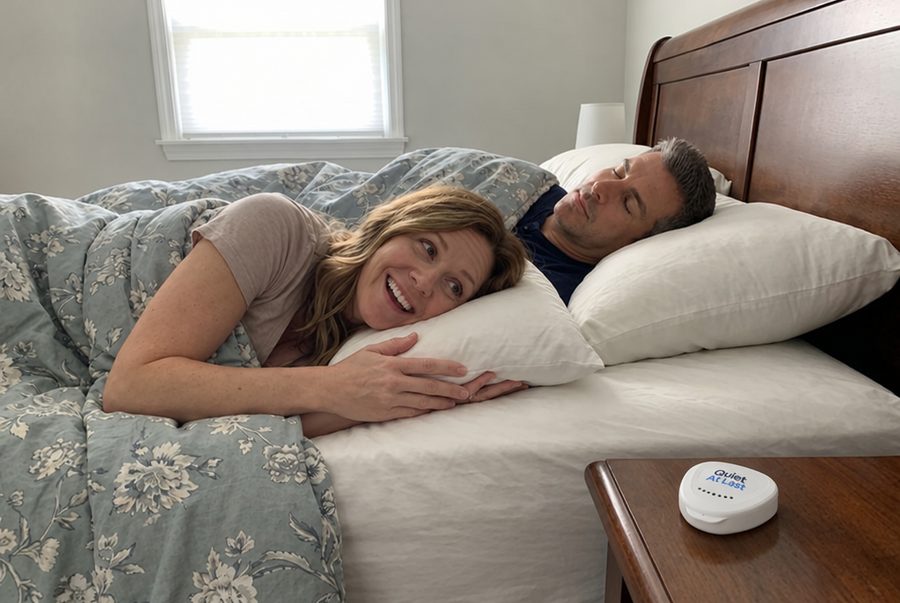 Morning: she wakes up smiling next to him; his empty mouth guard case on the nightstand