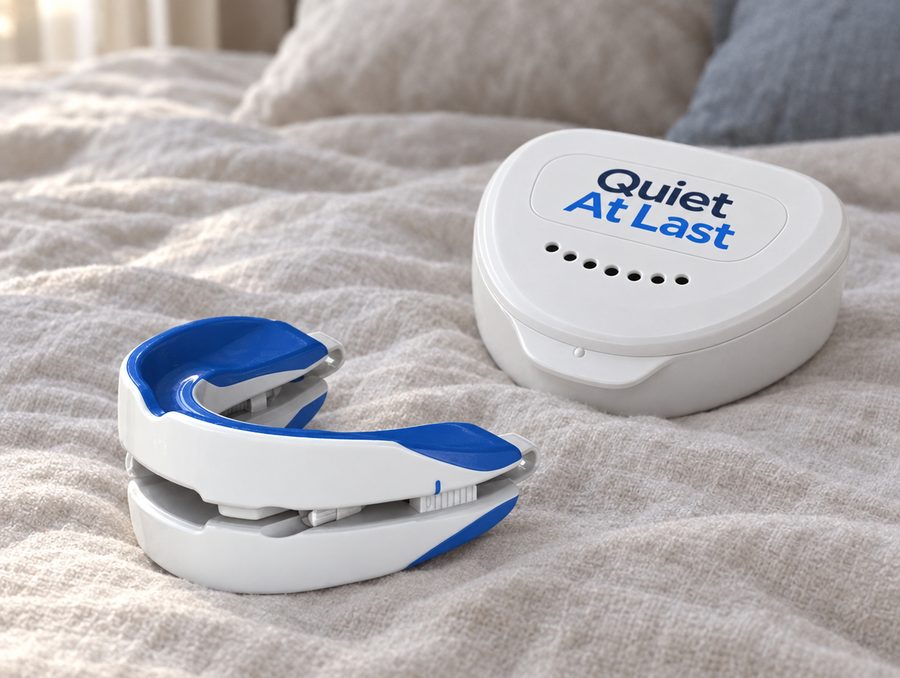 The mouth guard next to its Quiet At Last case on the bed