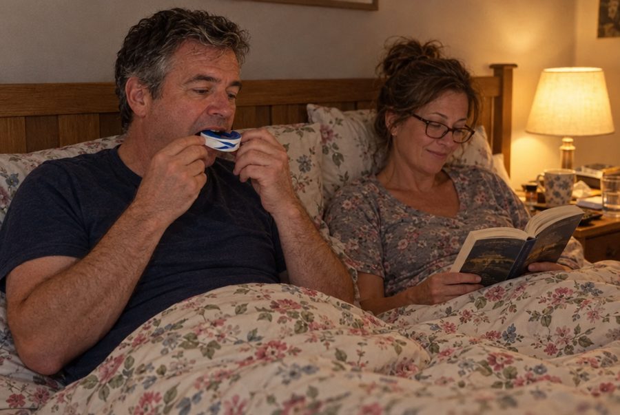 At 10pm he puts the mouth guard in while she reads next to him