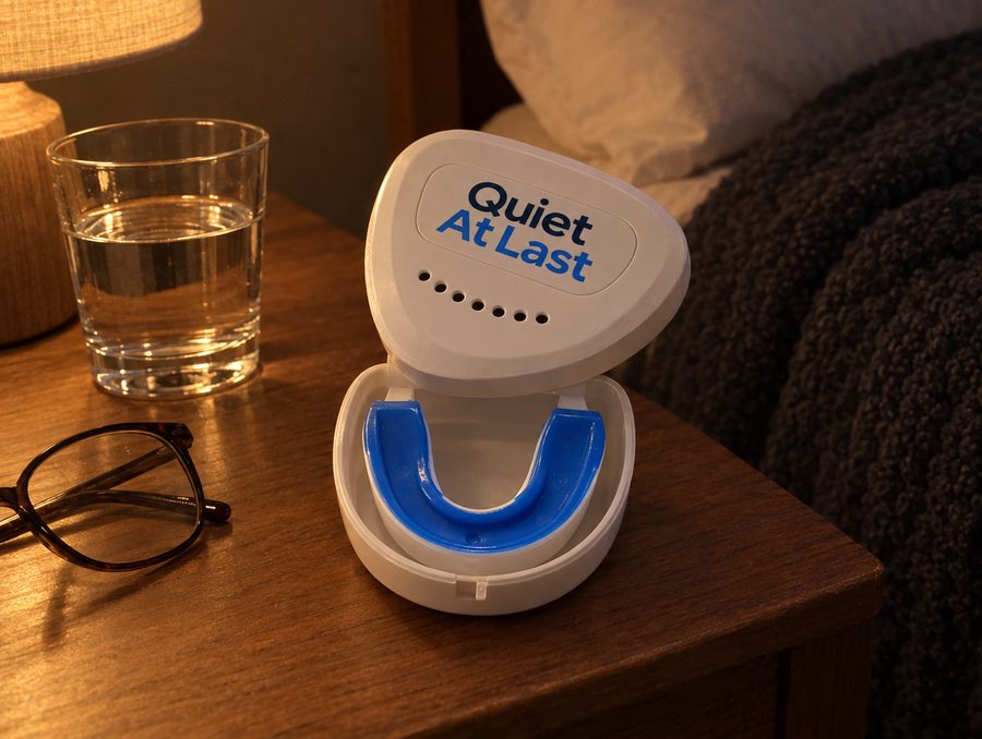 The mouth guard in its open case on his nightstand at night