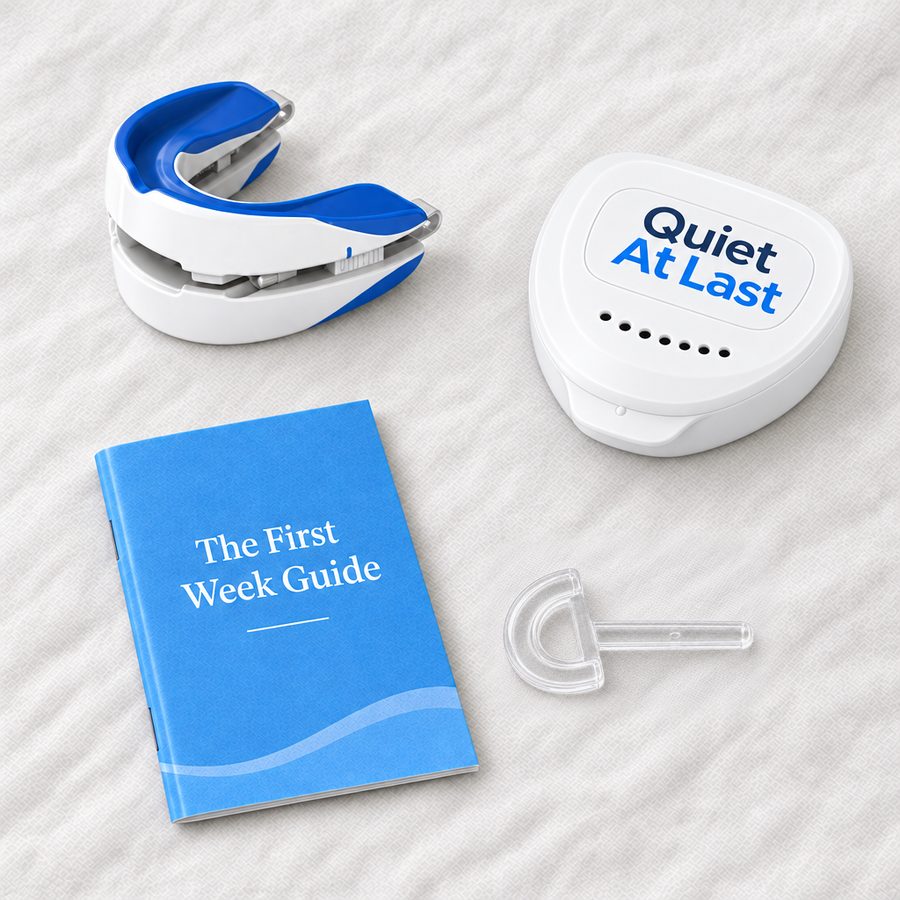 What's in the box: the mouth guard, its case, The First Week Guide and the little key