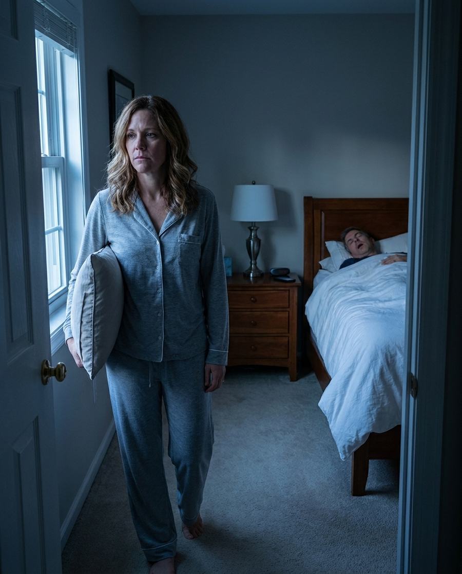 She walks out of the bedroom with her pillow while he snores